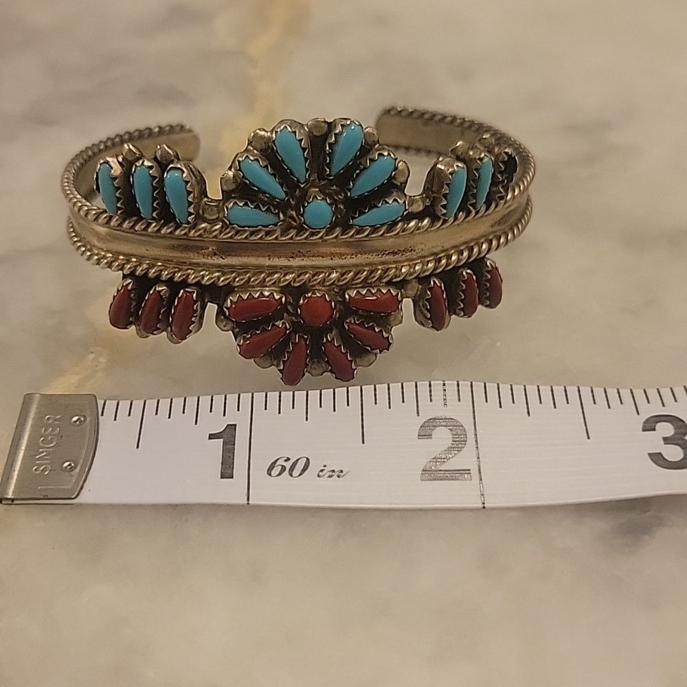 Signed Navajo Dewey Janette DJ Sterling Native Zuni Turquoise Coral Bracelet VTG - Picture 15 of 16